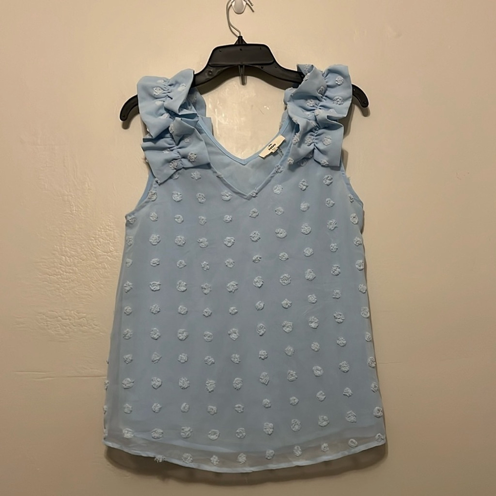 Entro Light‎ Blue Ruffle Swiss Dot V Neck Chiffon Tank Blouse S Fairy Romantic